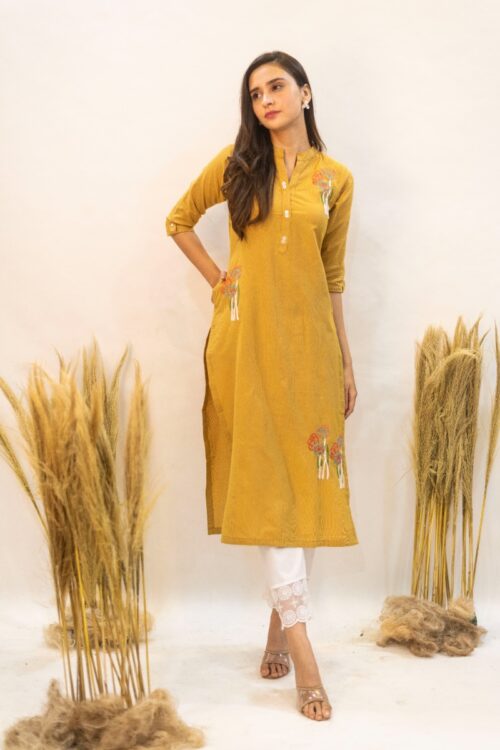 Gaaba Effortless Cotton Mustered Embroidered kurti-0