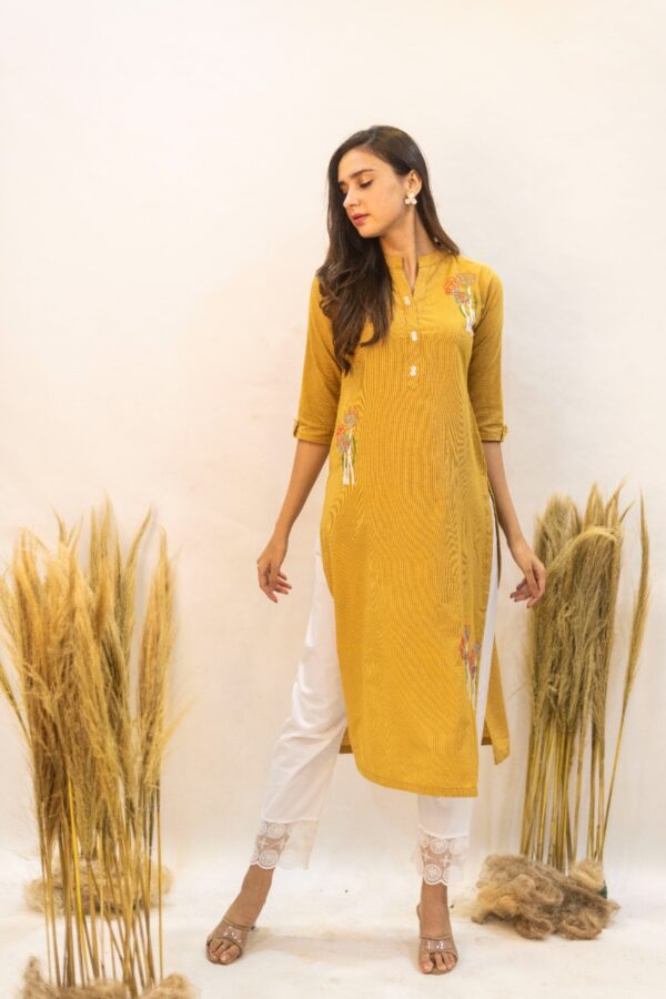 Gaaba Effortless Cotton Mustered Embroidered kurti-8485