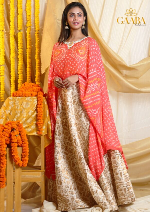 Classic cape in orange bandhej with jamavara skirt-11367