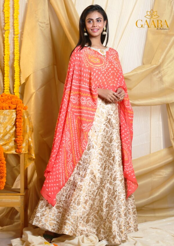 Classic cape in orange bandhej with jamavara skirt-0