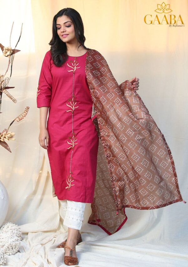 Divine Cotton Rani Kurti With Embroidery With Kota Dupatta-0
