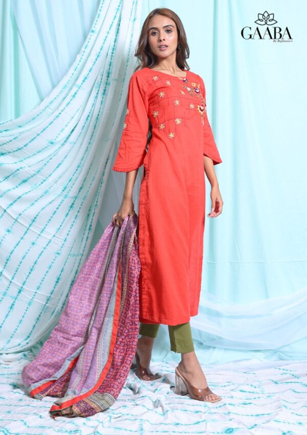 Gaaba red cotton embroidered kurta with digital print dupatta-13140