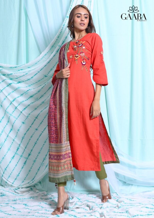 Gaaba red cotton embroidered kurta with digital print dupatta-13141