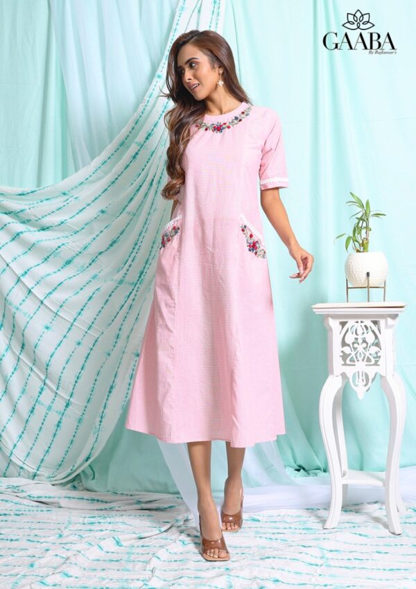 Gaaba Pink Stripe Hand Embroidery Dress-0