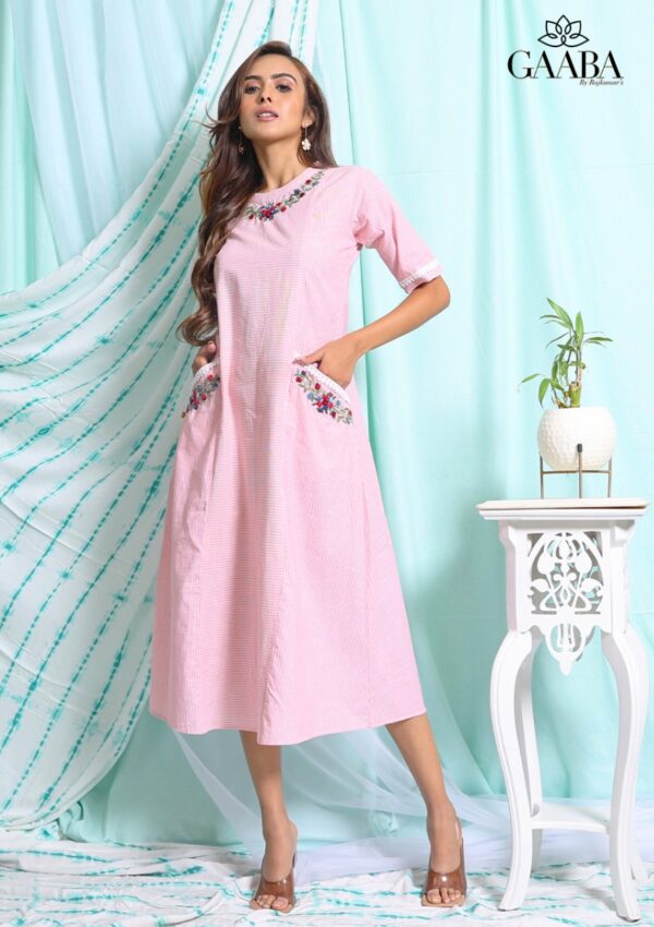 Gaaba Pink Stripe Hand Embroidery Dress-13714