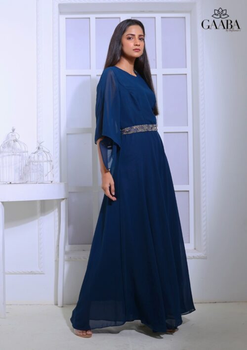 Cosmos navy blue georgette jumpsuit with embroidered belt-0
