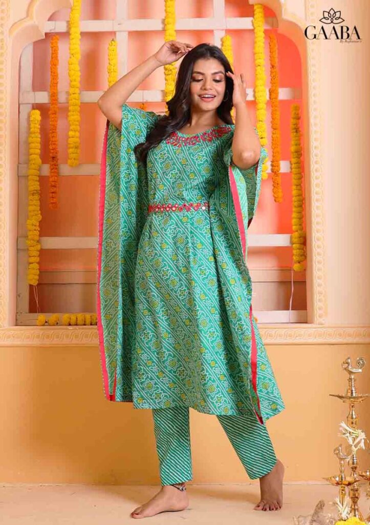 Green Athaaa cotton kaftan kurti with belt and work and matching pants