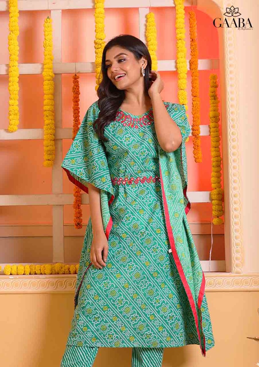 Green Athaaa cotton kaftan kurti with belt and work and matching pants