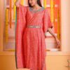 Red ATHAAA COTTON KAFTAN KURTI WITH BELT AND WORK AND MATCHING PANTS-0