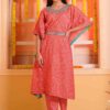 Red ATHAAA COTTON KAFTAN KURTI WITH BELT AND WORK AND MATCHING PANTS-14549
