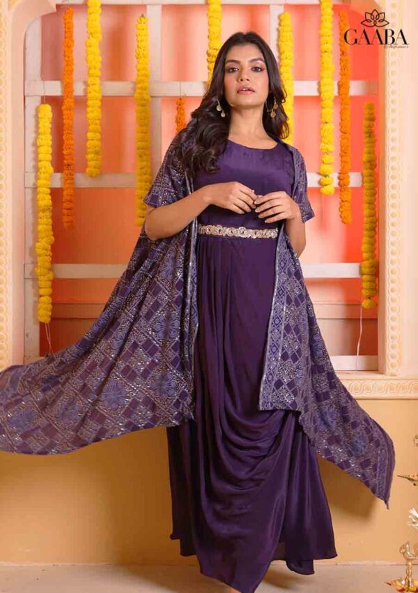 Purple Preetisha crepe gown with embroidered jacket and embroidered belt-0