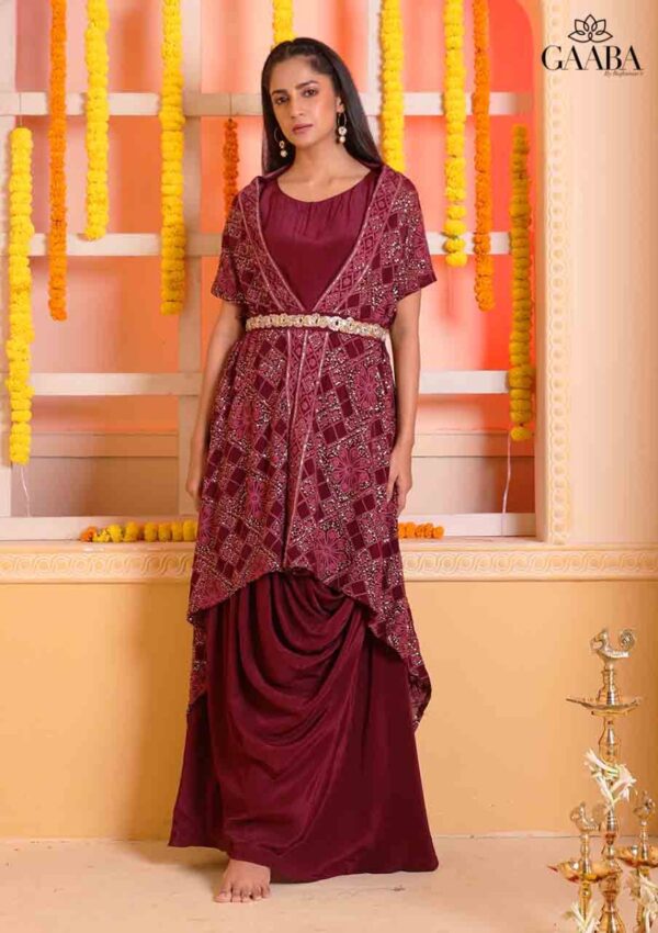 Wine PREETISHA CREPE GOWN WITH EMBROIDERED JACKET AND EMBROIDERED BELT-14596
