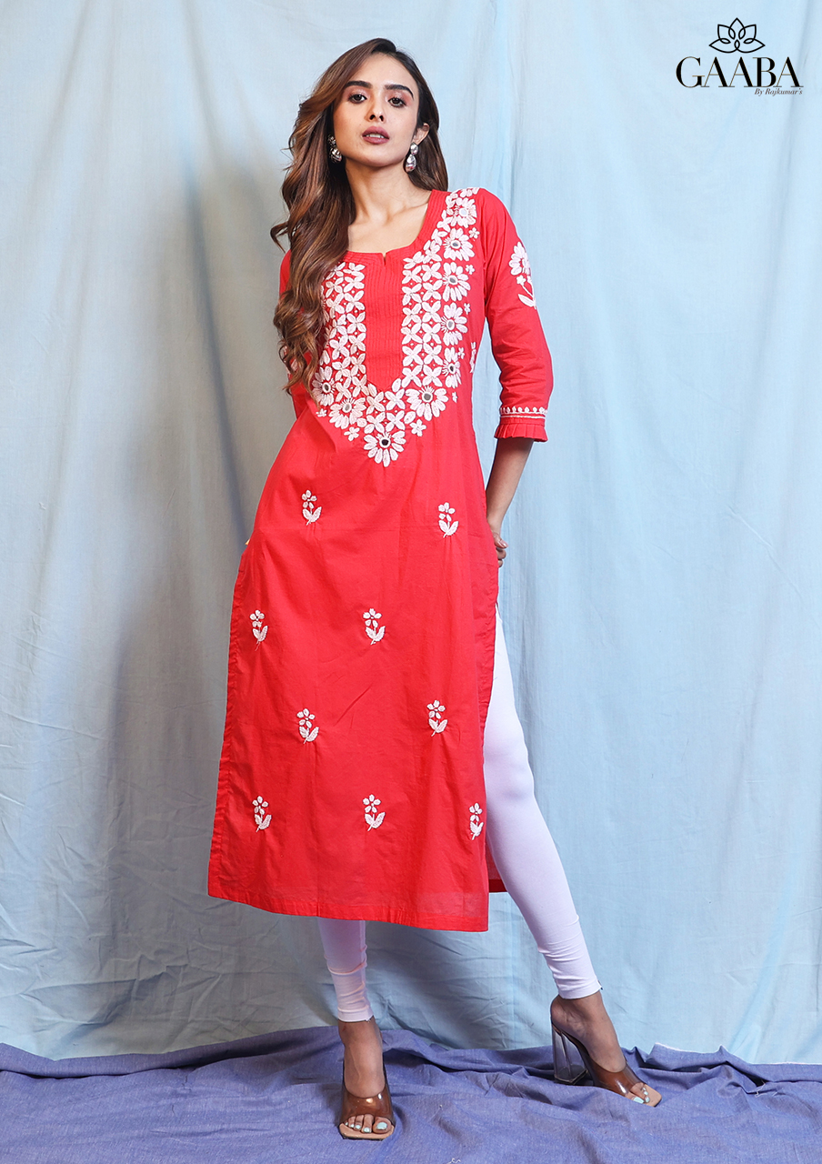Peach With Red Floral Jaipuri Cotton Kurti.Pure Versatile Cotton. | Laces  and Frills | Laces and Frills