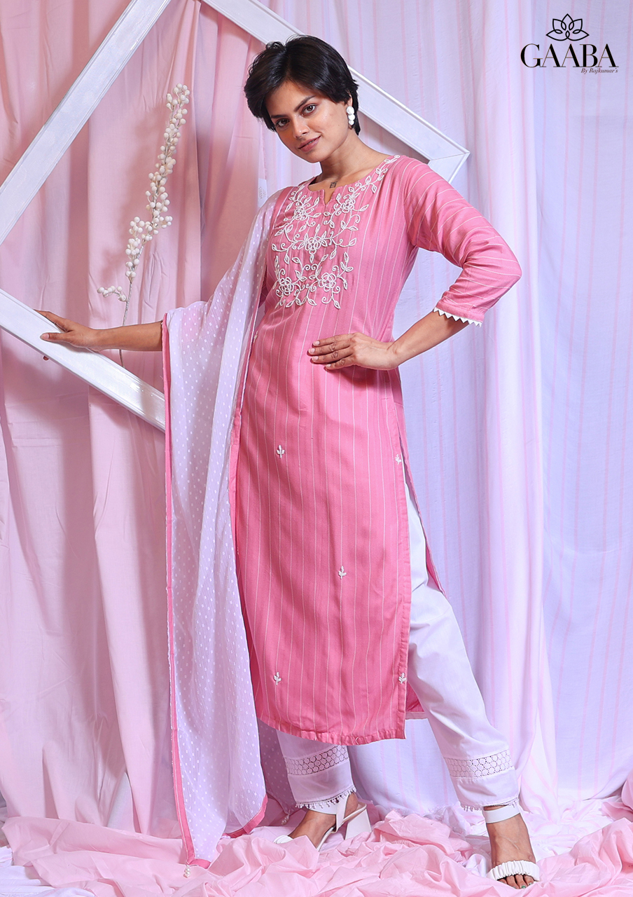Pink kurti with pearl work neckline and chiffon dupatta  Gaaba