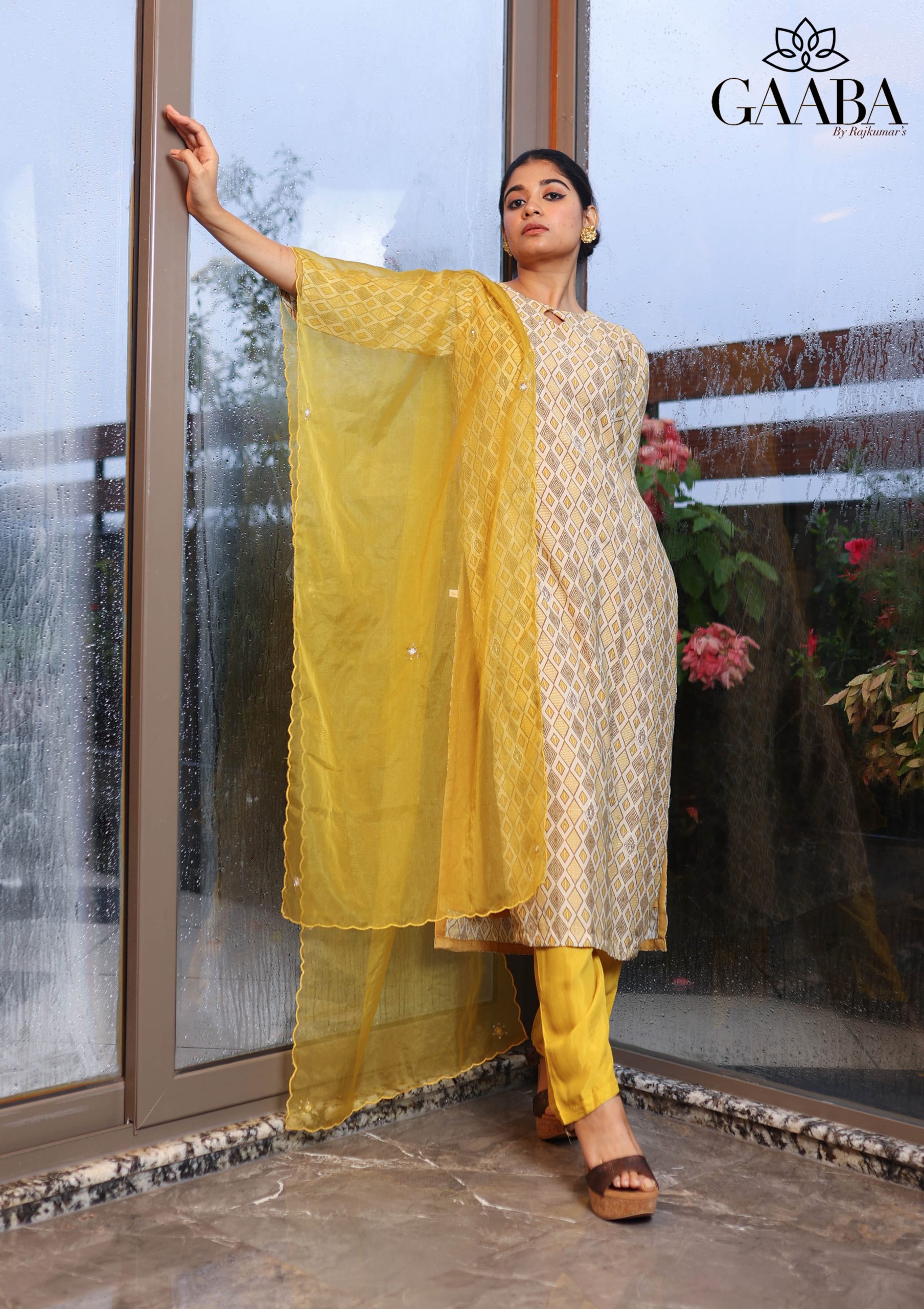 Printed muslin kurta pants dupatta set with embellished prints Gaaba